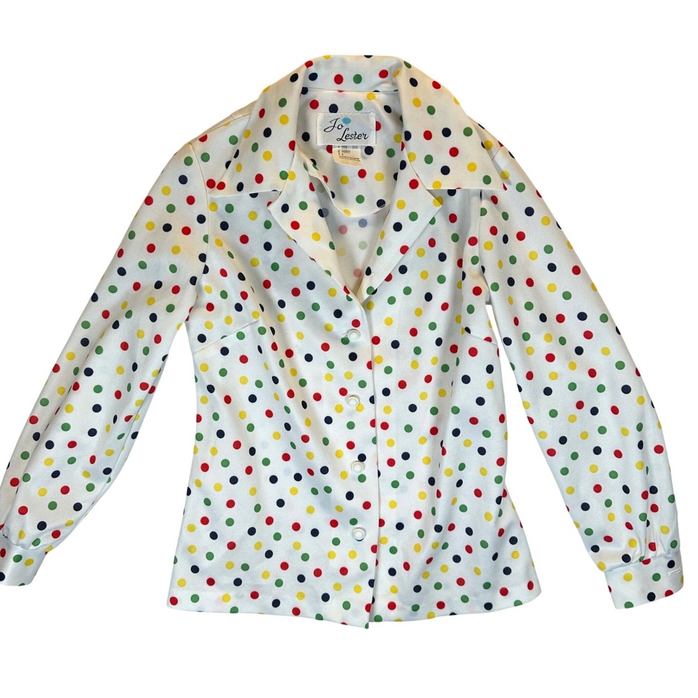 Vintage Jo Lester 70s Rainbow Polka Dot Button Up Blouse Primary Color Mod Retro